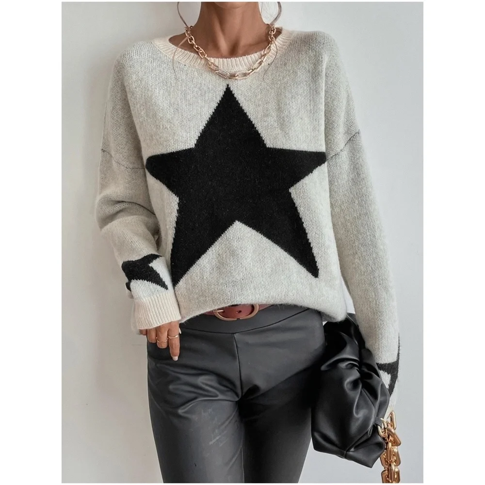Cozy Star Print Knit Oversized Sweater Top - Picture 6 of 6